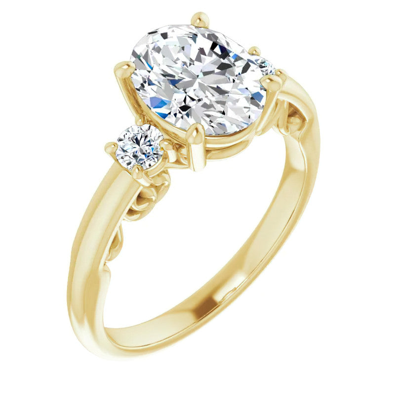 Oval Three-Stone Engagement Ring with Scroll Accent