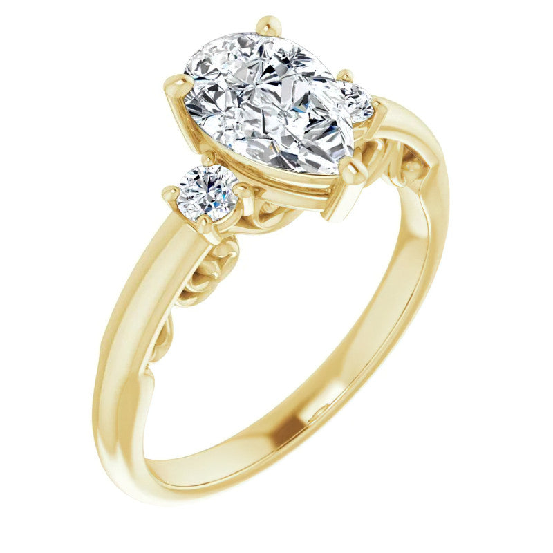 Pear Three-Stone Engagement Ring with Scroll Accent