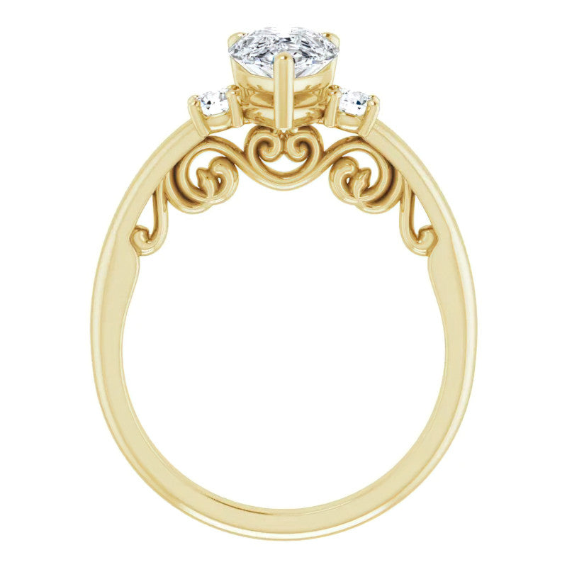 Pear Three-Stone Engagement Ring with Scroll Accent