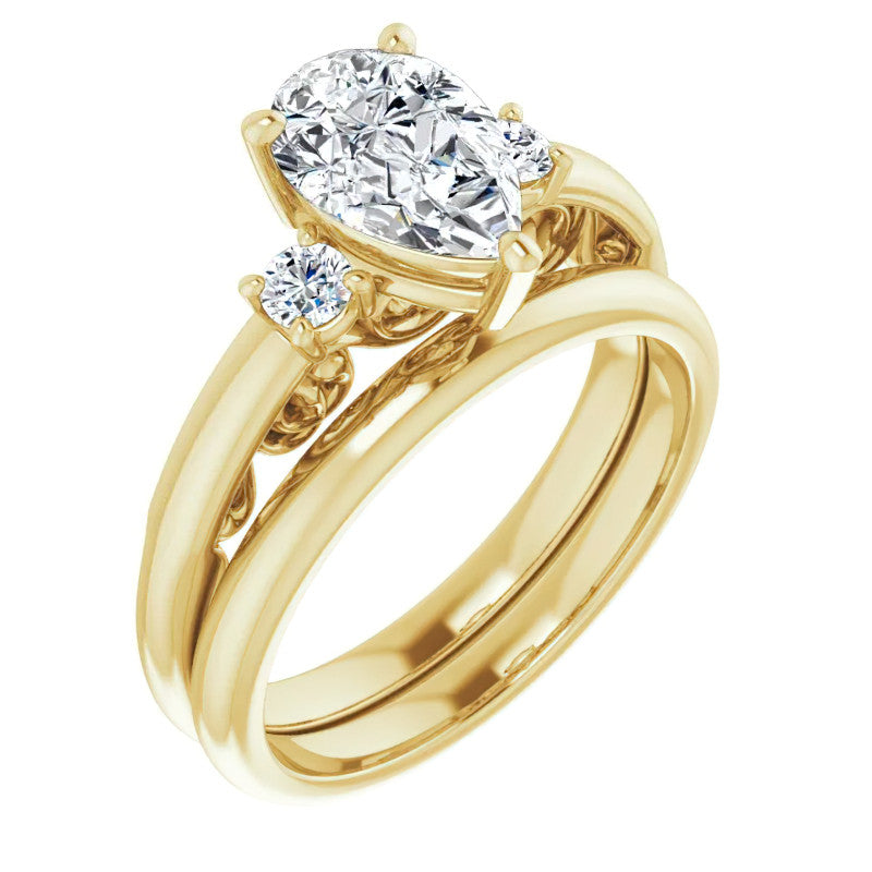Pear Three-Stone Engagement Ring with Scroll Accent
