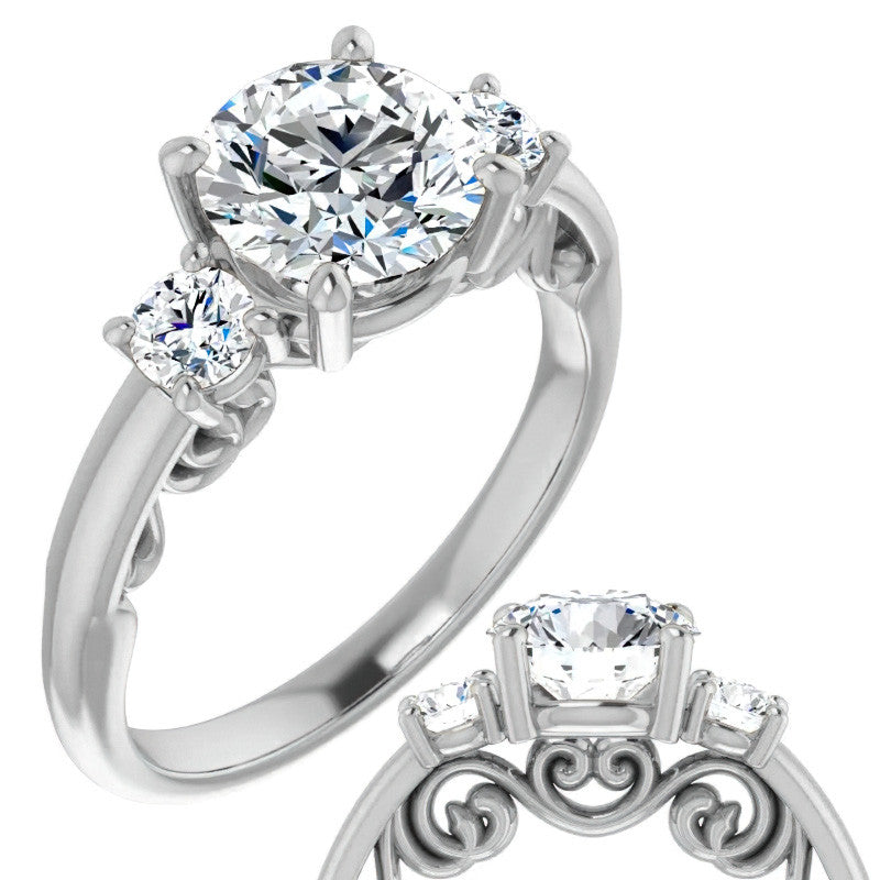 Round Three-Stone Engagement Ring with Scroll Accent