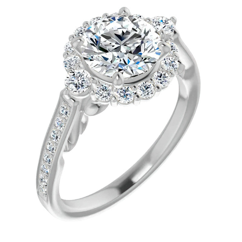 Round Scroll Halo Engagement Ring with Surprise Diamonds