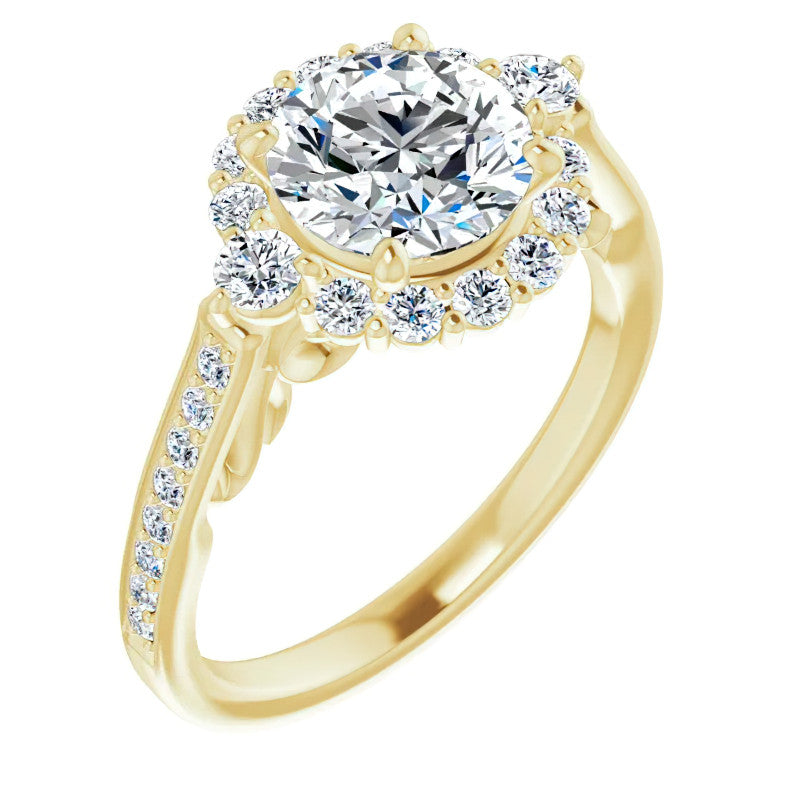 Round Scroll Halo Engagement Ring with Surprise Diamonds