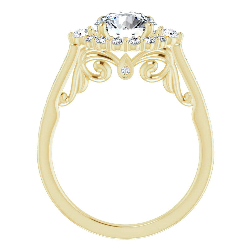 Round Scroll Halo Engagement Ring with Surprise Diamonds
