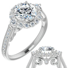 Round Scroll Halo Engagement Ring with Surprise Diamonds