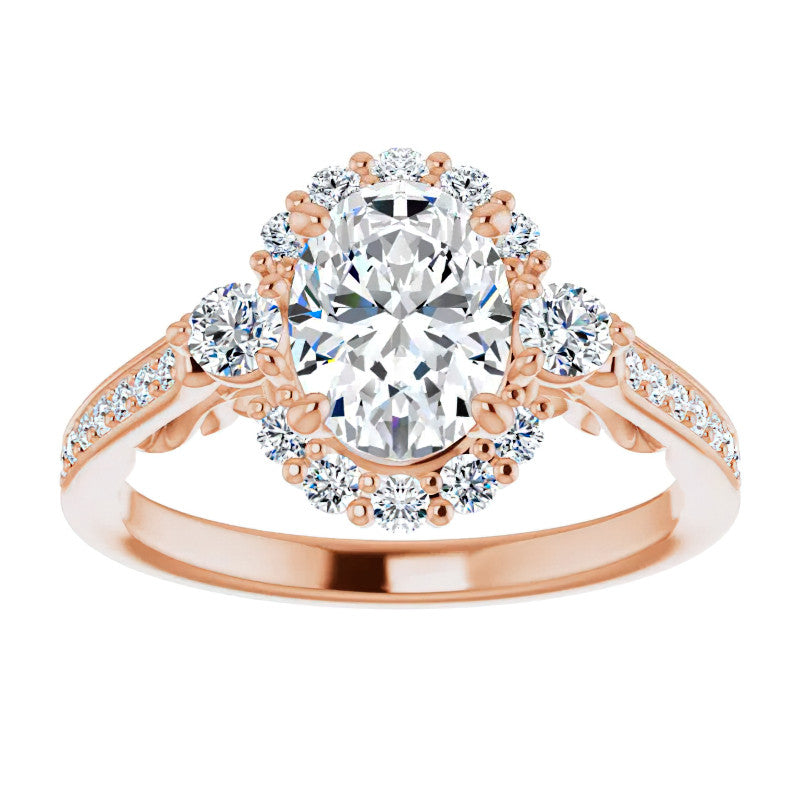 Oval Scroll Halo Engagement Ring with Surprise Diamonds