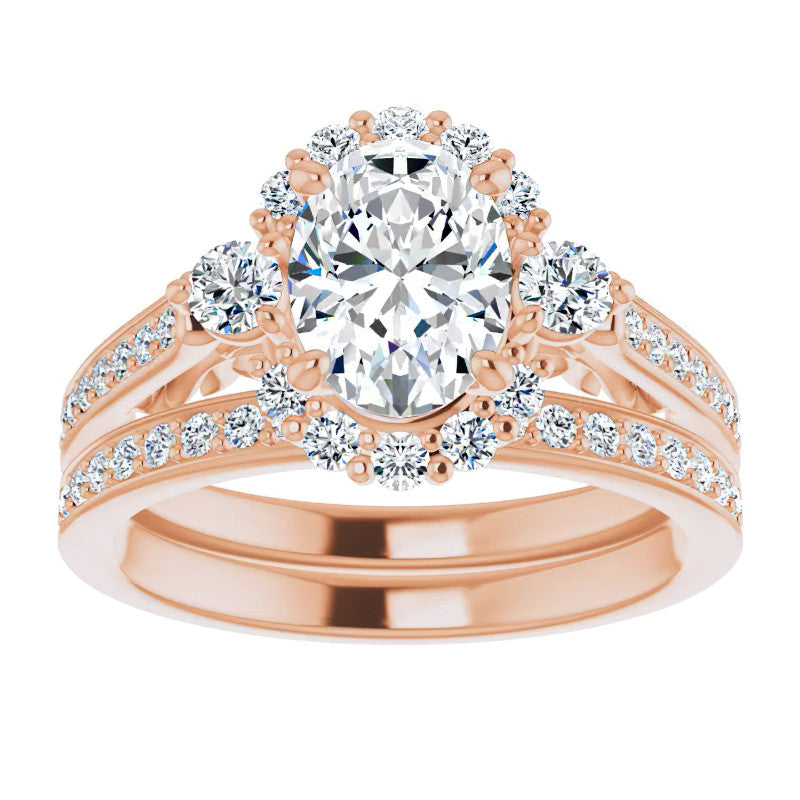 Oval Scroll Halo Engagement Ring with Surprise Diamonds