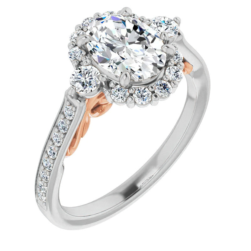 Oval Scroll Halo Engagement Ring with Surprise Diamonds