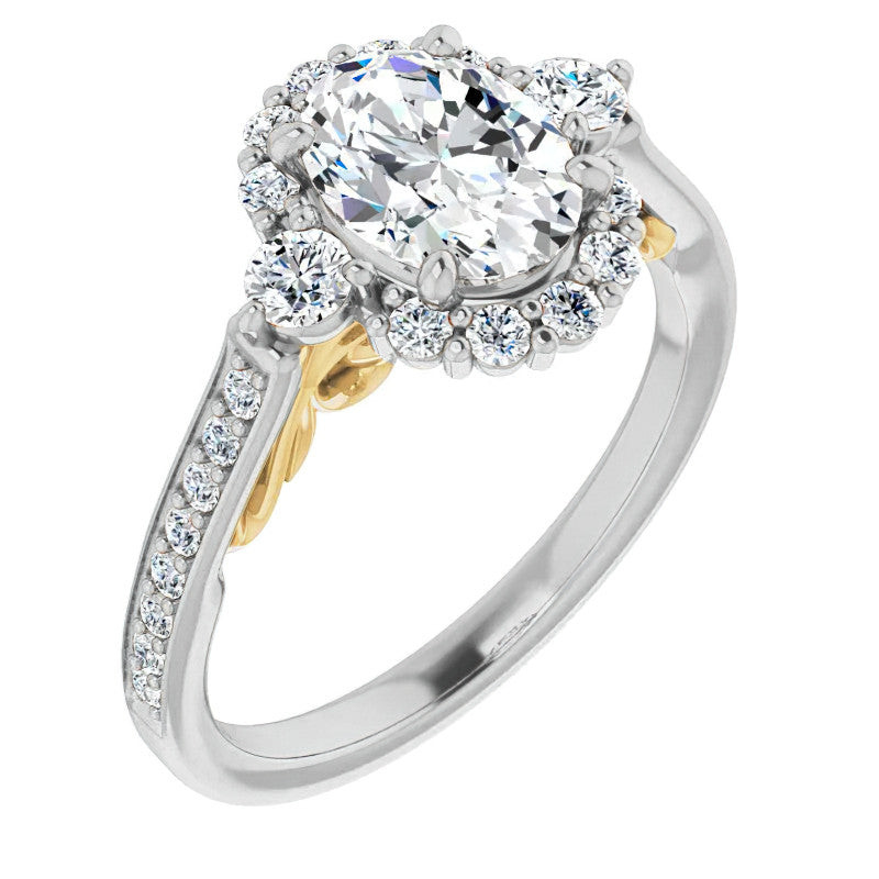 Oval Scroll Halo Engagement Ring with Surprise Diamonds