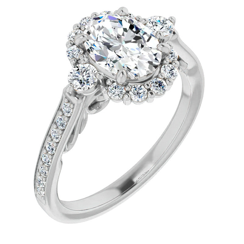 Oval Scroll Halo Engagement Ring with Surprise Diamonds