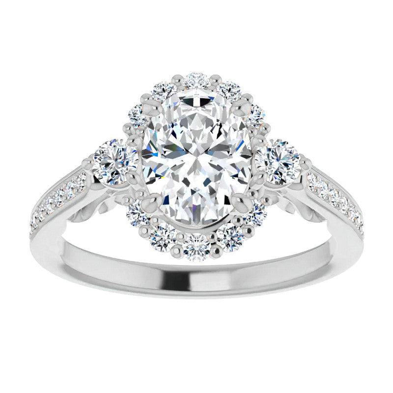 Oval Scroll Halo Engagement Ring with Surprise Diamonds