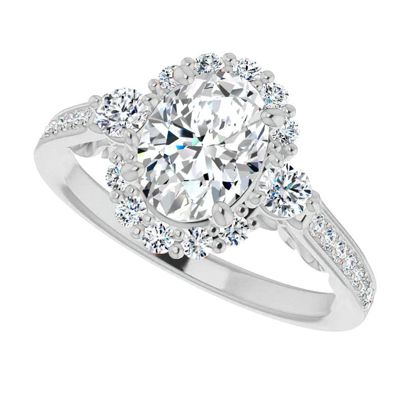 Oval Scroll Halo Engagement Ring with Surprise Diamonds