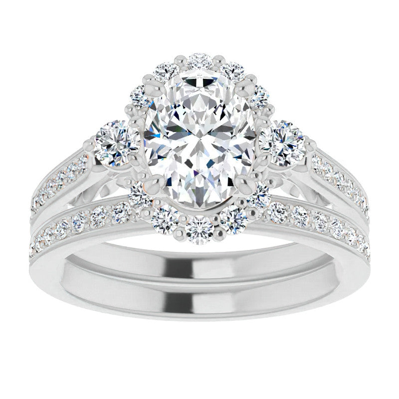 Oval Scroll Halo Engagement Ring with Surprise Diamonds