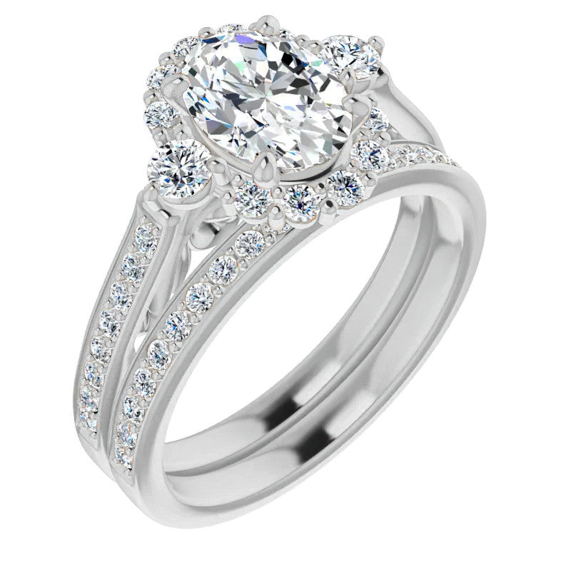 Oval Scroll Halo Engagement Ring with Surprise Diamonds