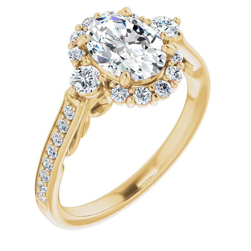 Oval Scroll Halo Engagement Ring with Surprise Diamonds