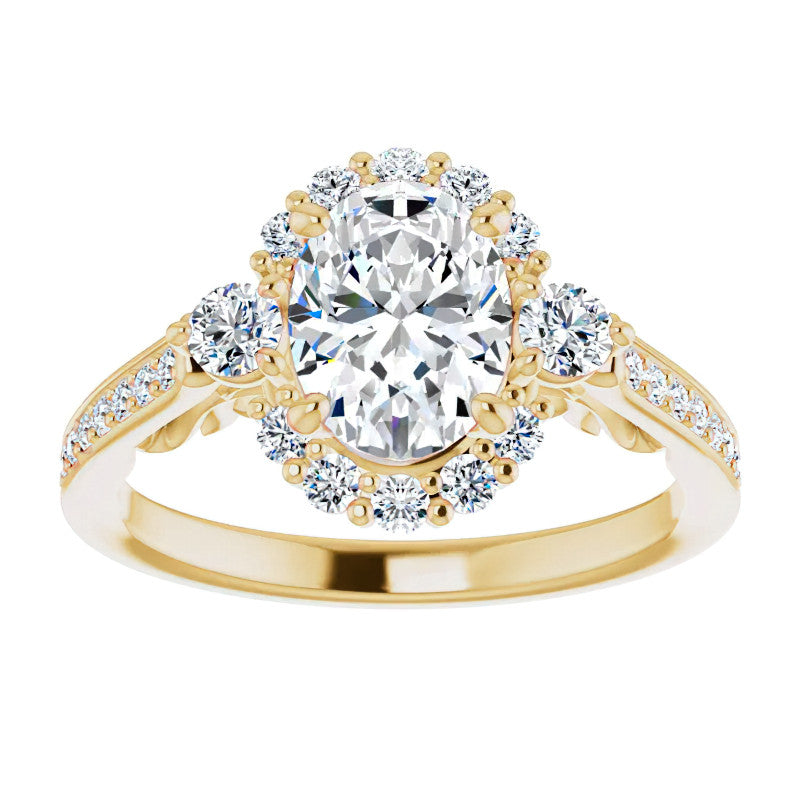Oval Scroll Halo Engagement Ring with Surprise Diamonds