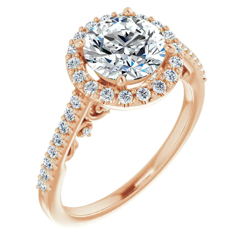 Round Ornate Halo Engagement Ring with Scroll Accent