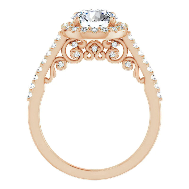 Round Ornate Halo Engagement Ring with Scroll Accent
