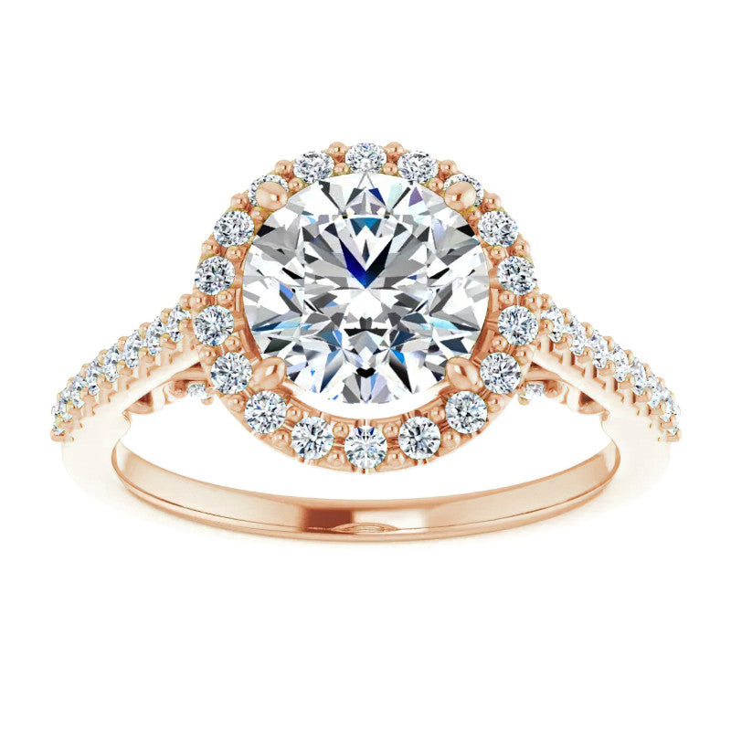 Round Ornate Halo Engagement Ring with Scroll Accent