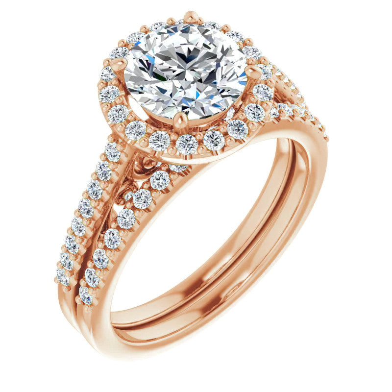 Round Ornate Halo Engagement Ring with Scroll Accent