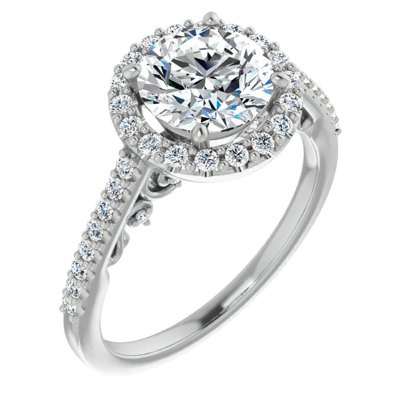 Round Ornate Halo Engagement Ring with Scroll Accent