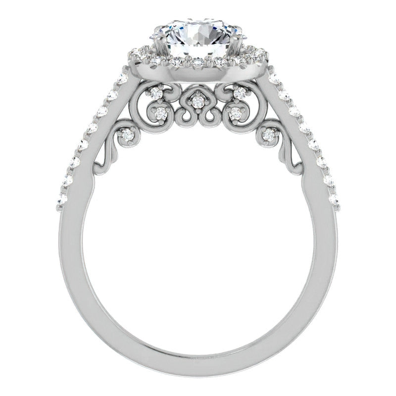 Round Ornate Halo Engagement Ring with Scroll Accent