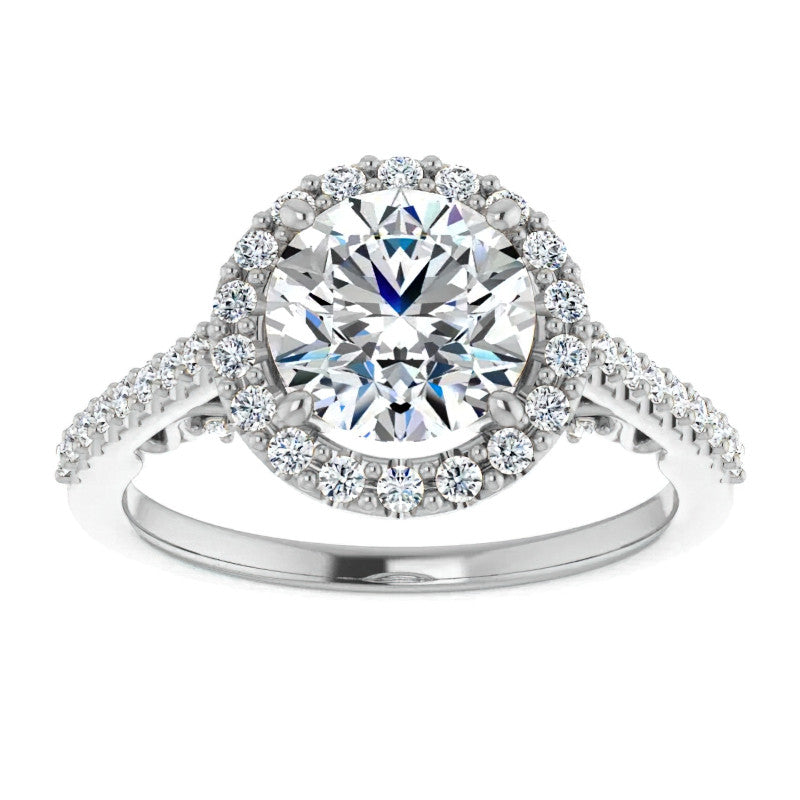 Round Ornate Halo Engagement Ring with Scroll Accent