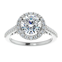 Round Ornate Halo Engagement Ring with Scroll Accent