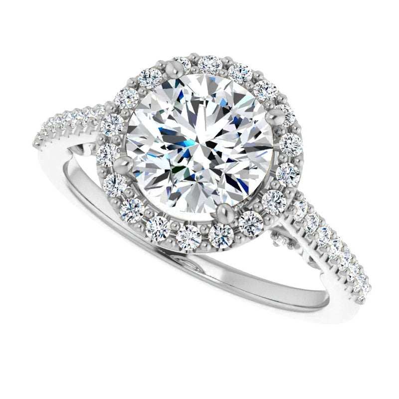 Round Ornate Halo Engagement Ring with Scroll Accent