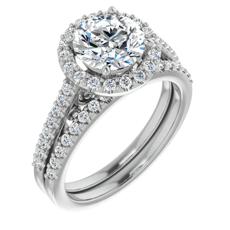 Round Ornate Halo Engagement Ring with Scroll Accent