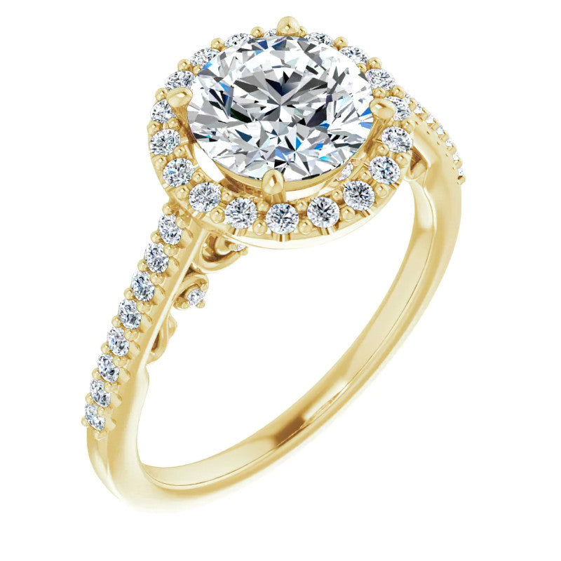 Round Ornate Halo Engagement Ring with Scroll Accent