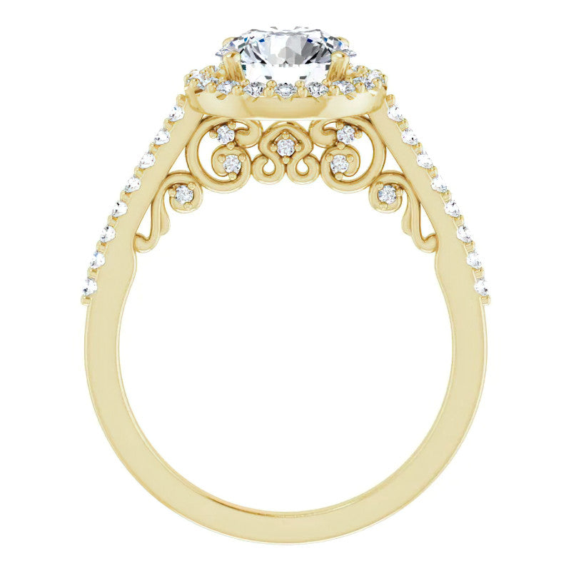 Round Ornate Halo Engagement Ring with Scroll Accent