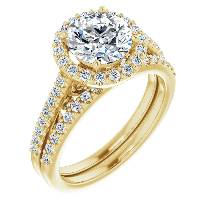 Round Ornate Halo Engagement Ring with Scroll Accent