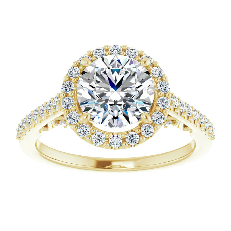 Round Ornate Halo Engagement Ring with Scroll Accent