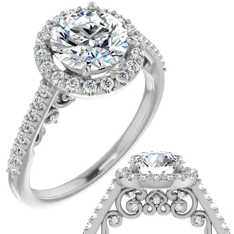Round Ornate Halo Engagement Ring with Scroll Accent
