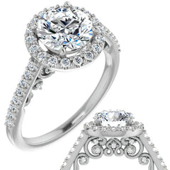 Round Ornate Halo Engagement Ring with Scroll Accent