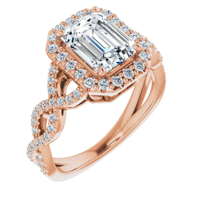 Emerald / Radiant Infinity Halo Engagement Ring with Scrolls