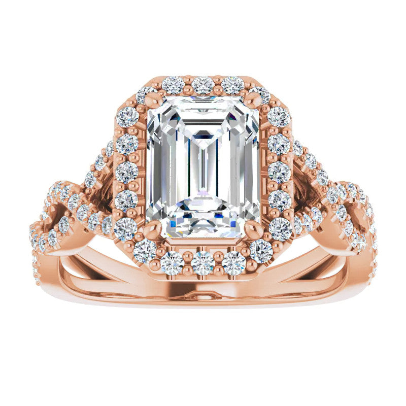 Emerald / Radiant Infinity Halo Engagement Ring with Scrolls