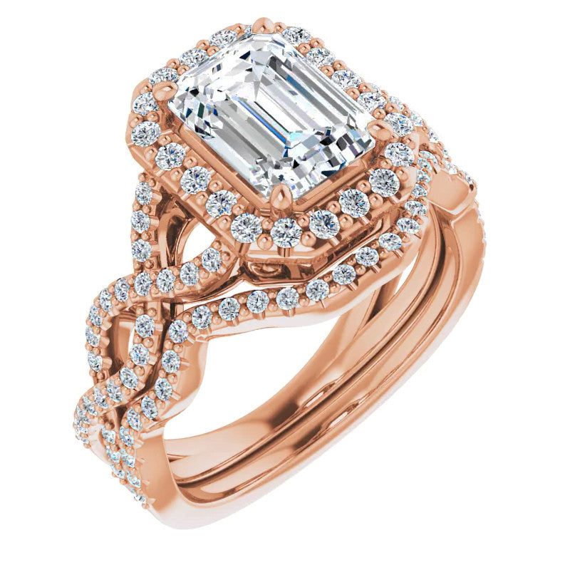 Emerald / Radiant Infinity Halo Engagement Ring with Scrolls