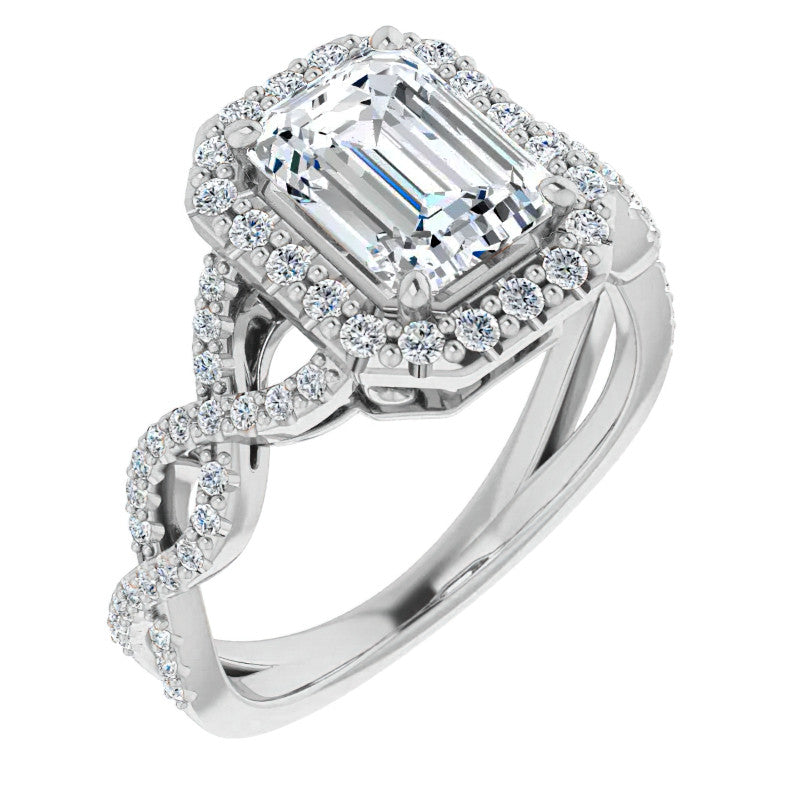 Emerald / Radiant Infinity Halo Engagement Ring with Scrolls