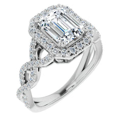 Emerald / Radiant Infinity Halo Engagement Ring with Scrolls