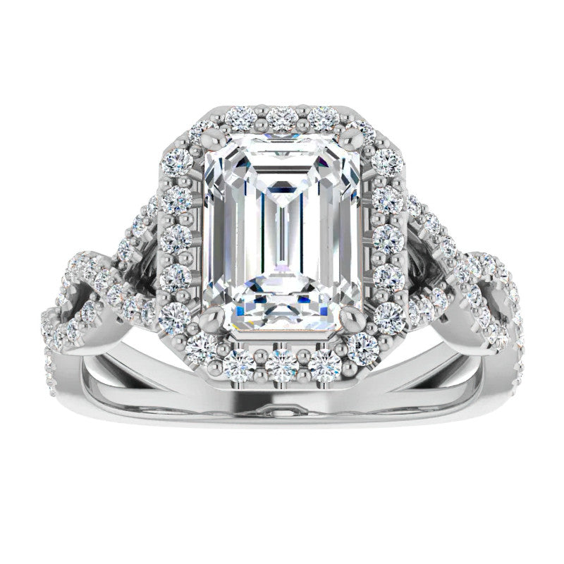 Emerald / Radiant Infinity Halo Engagement Ring with Scrolls