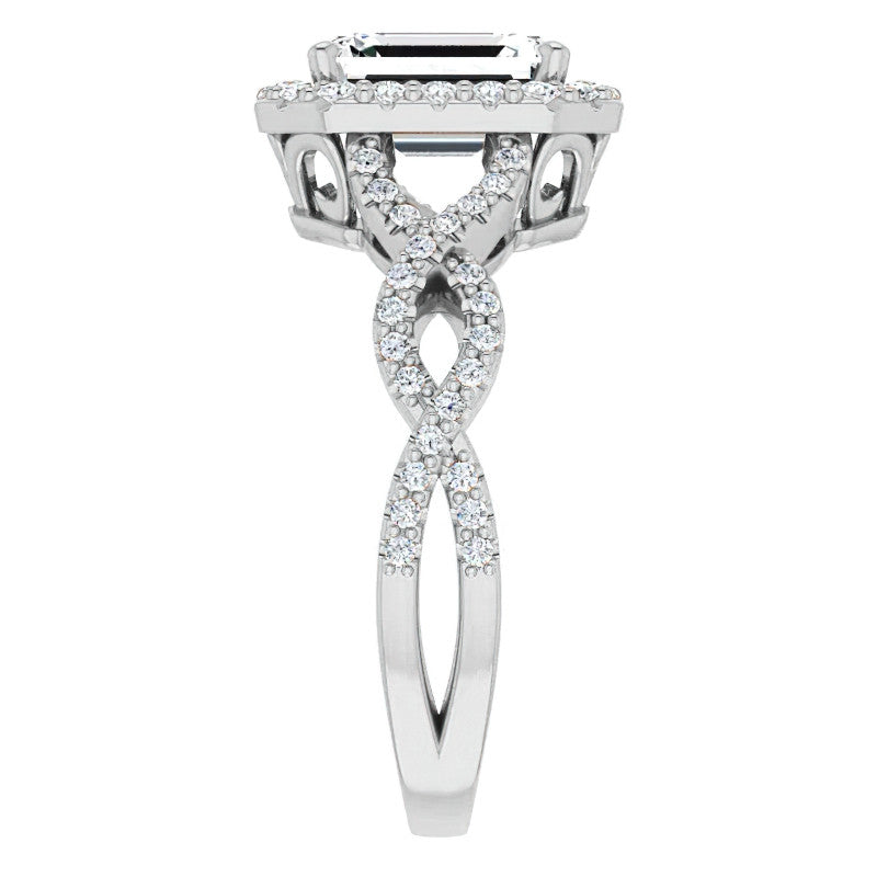 Emerald / Radiant Infinity Halo Engagement Ring with Scrolls