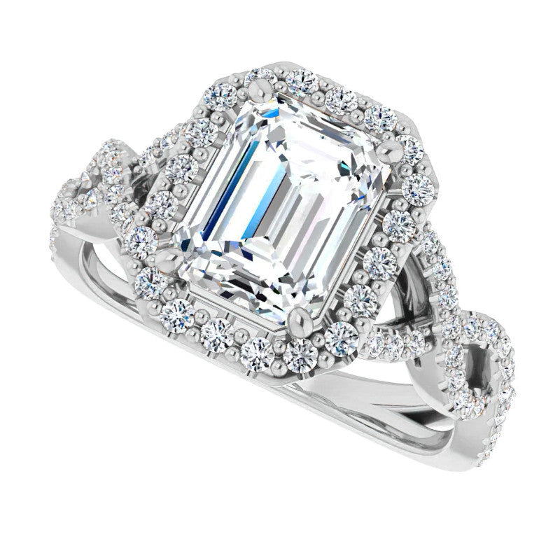 Emerald / Radiant Infinity Halo Engagement Ring with Scrolls