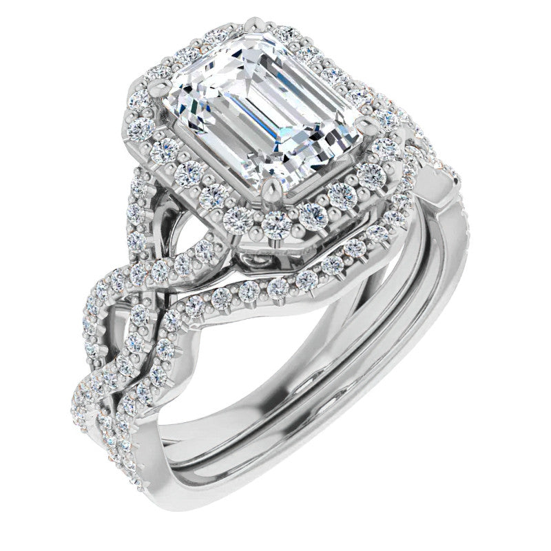 Emerald / Radiant Infinity Halo Engagement Ring with Scrolls