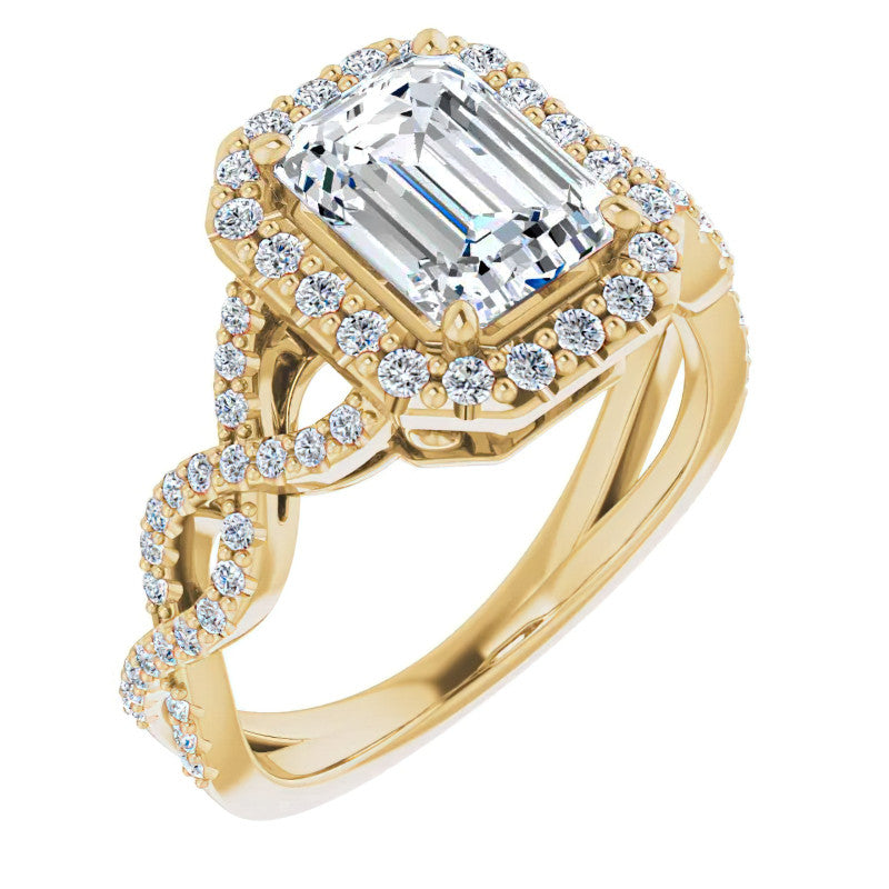 Emerald / Radiant Infinity Halo Engagement Ring with Scrolls