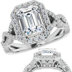Emerald / Radiant Infinity Halo Engagement Ring with Scrolls