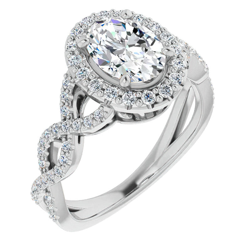 Oval Cut Infinity Halo Moissanite Engagement Ring with Scrolls