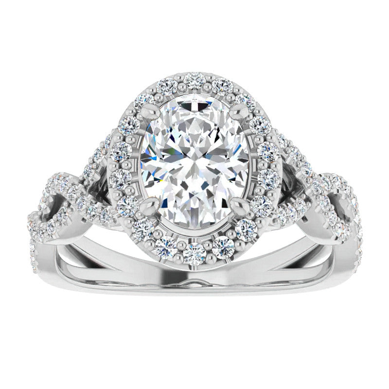 Oval Cut Infinity Halo Moissanite Engagement Ring with Scrolls