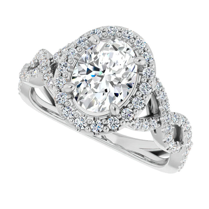 Oval Cut Infinity Halo Moissanite Engagement Ring with Scrolls